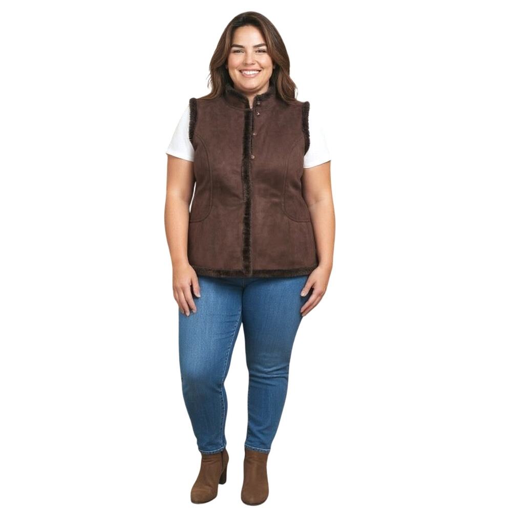 Denim & Co Brown Layer Vest XL Women's Faux Suede Fur Trim Pockets Winter Sporty